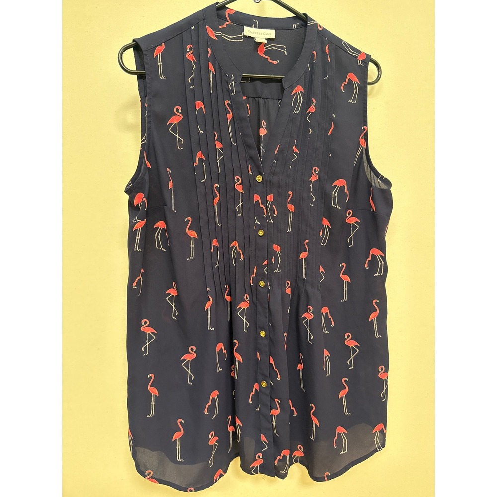 Charter Club Navy Pink Flamingo Print Pleated Sleeveless Blouse Gold Buttons L